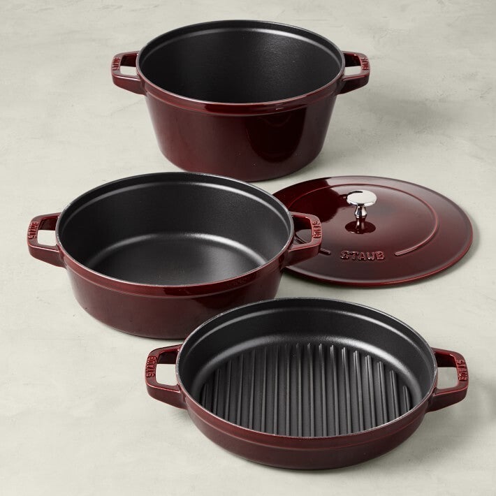 STAUB Cast Iron Set 4-pc, Stackable Space-Saving Cookware Set, Dutch Oven  with Universal Lid, Made in France, Grenadine 